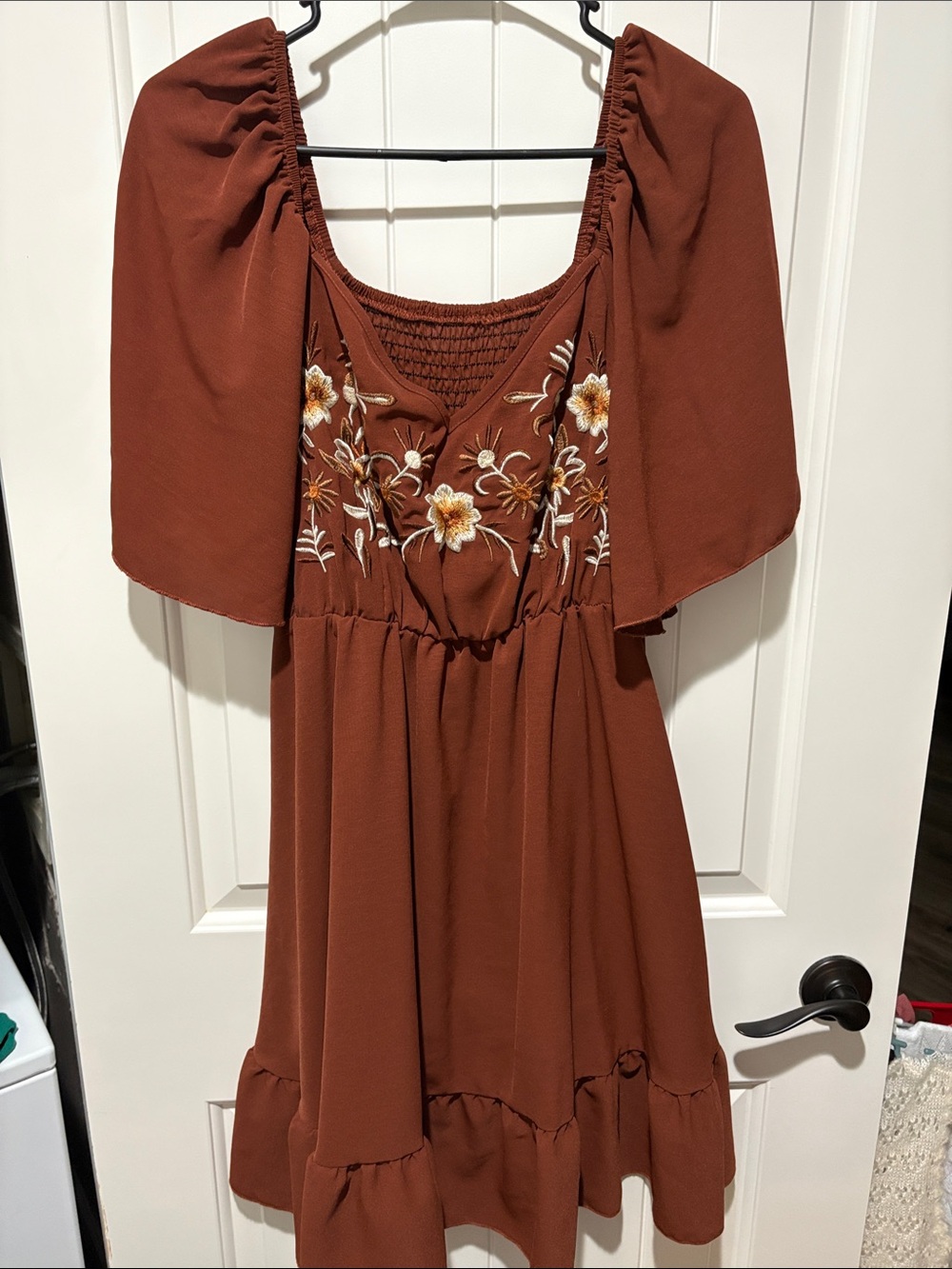 Women's Rust Brown Embroidered Peasant Dress Top